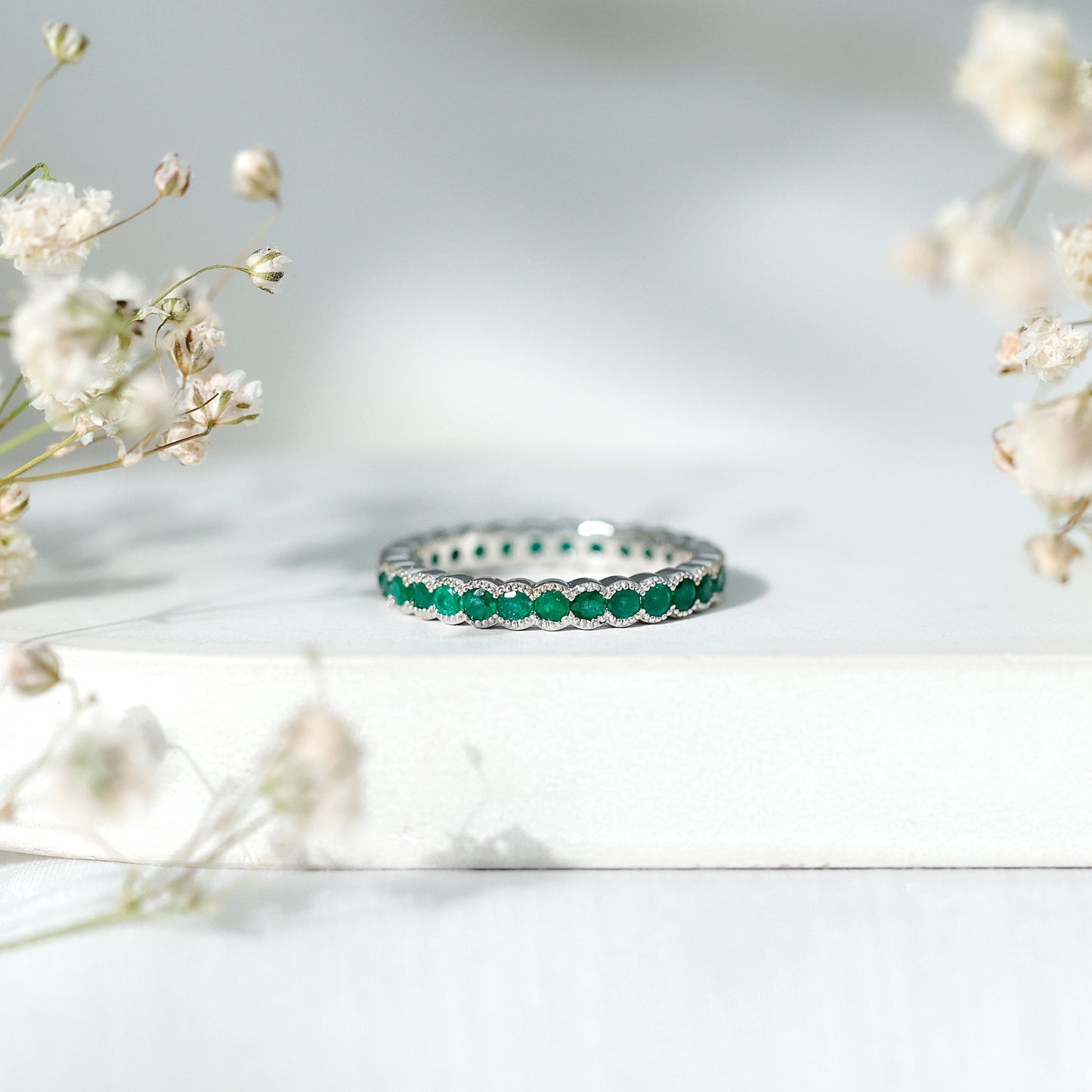 Beaded Bezel Set Emerald Full Eternity Stackable Ring