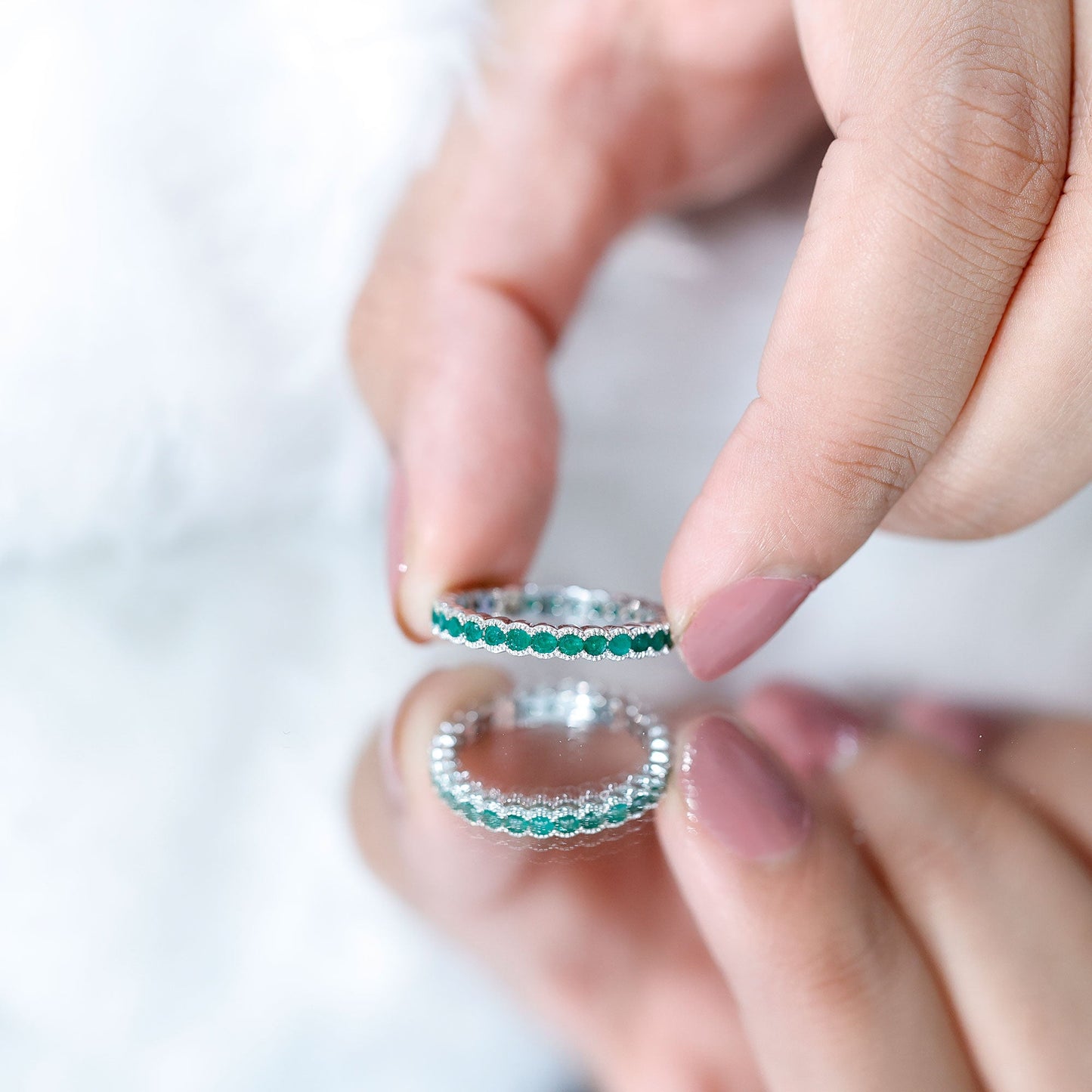 Beaded Bezel Set Emerald Full Eternity Stackable Ring