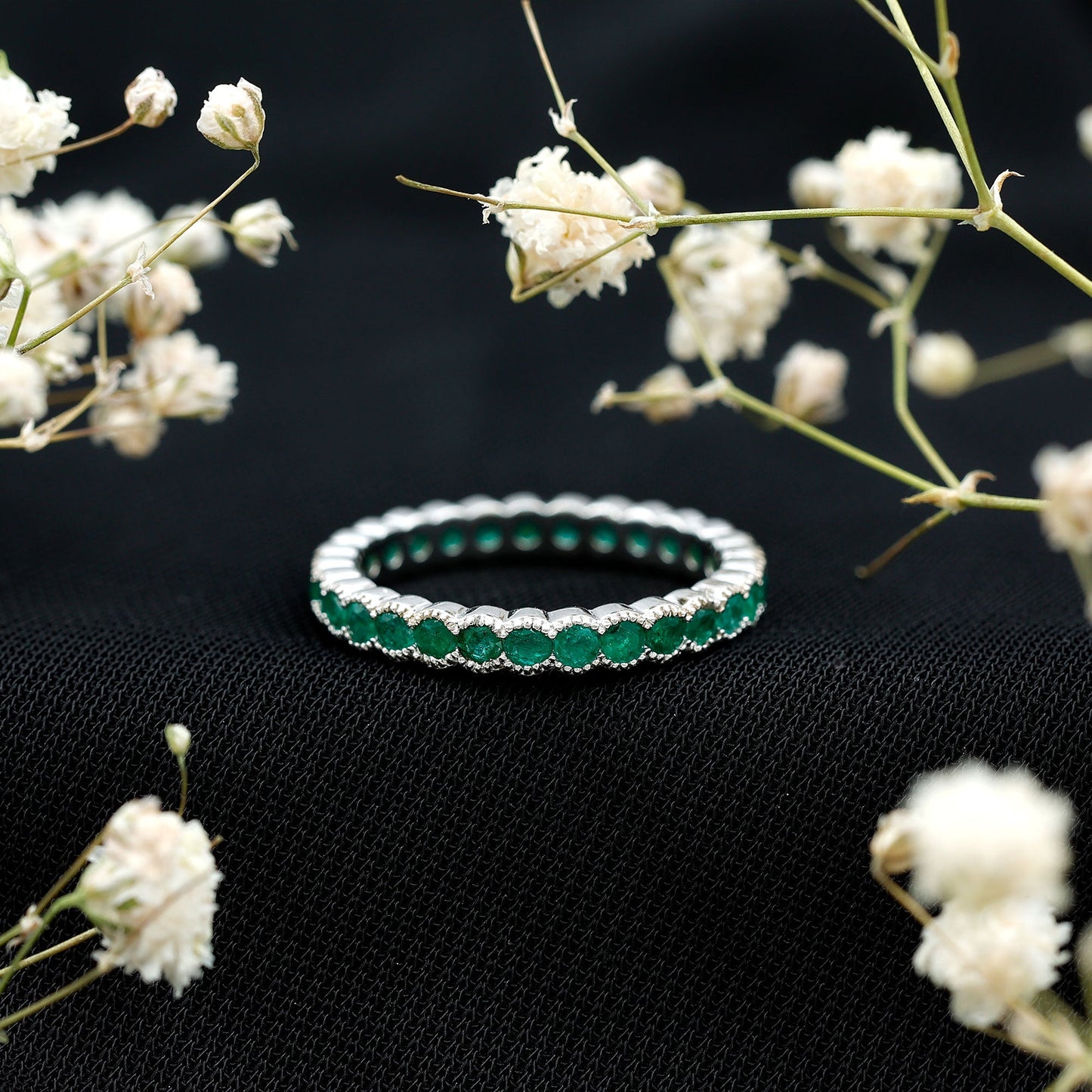 Beaded Bezel Set Emerald Full Eternity Stackable Ring