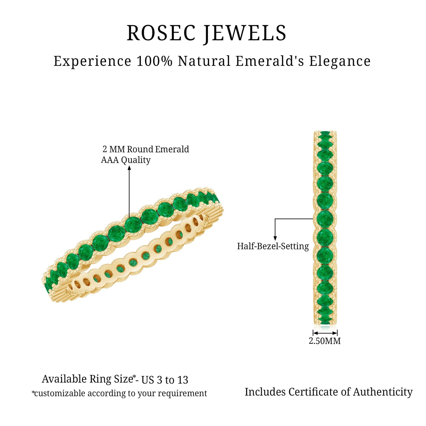 Beaded Bezel Set Emerald Full Eternity Stackable Ring