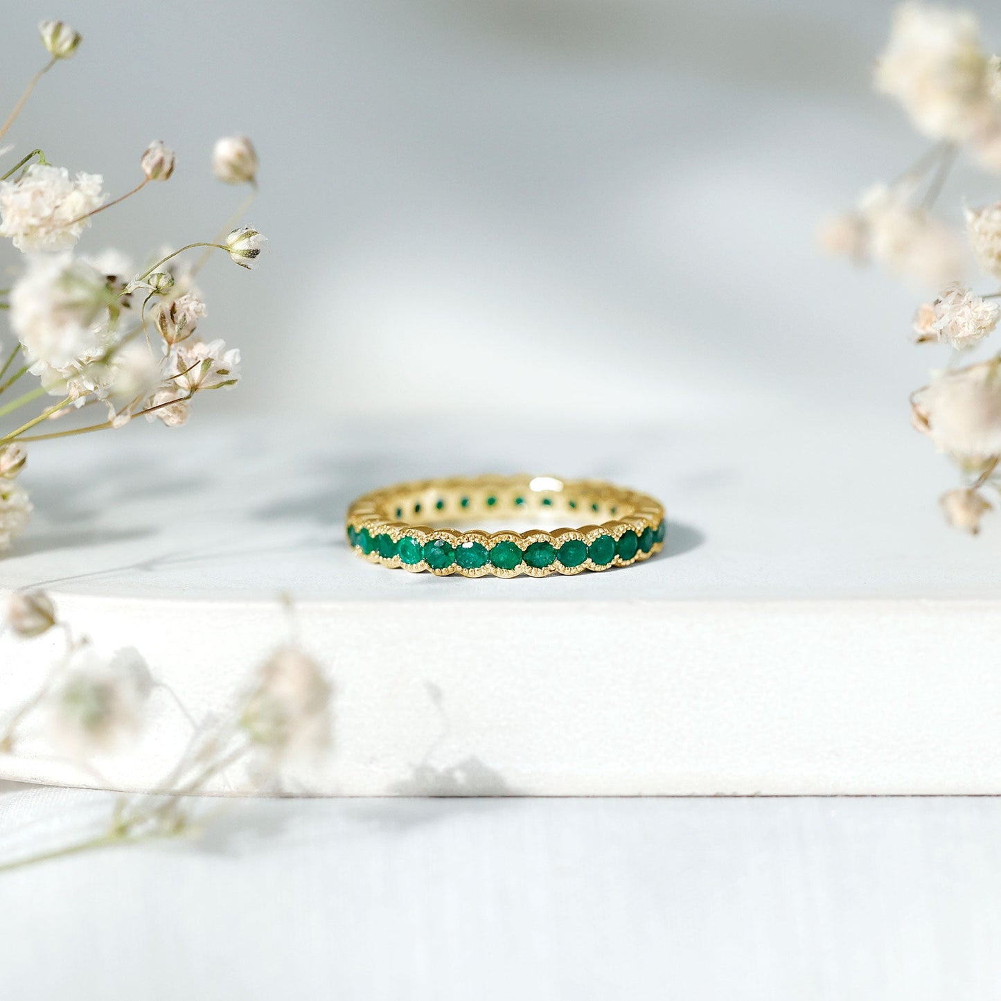 Beaded Bezel Set Emerald Full Eternity Stackable Ring
