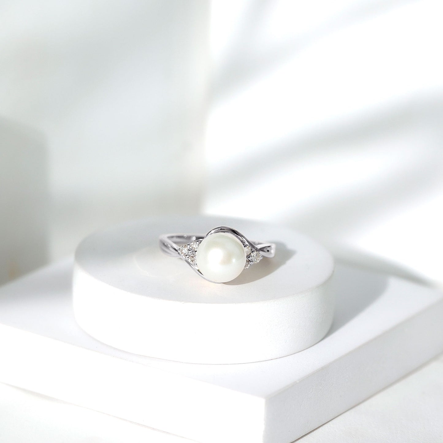 Natural 7.4 Carat Freshwater Pearl Engagement Ring with Diamond Trio