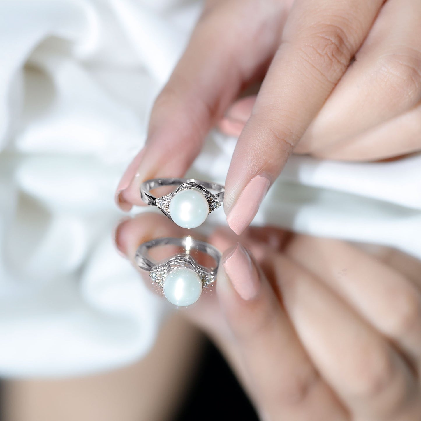 Natural 7.4 Carat Freshwater Pearl Engagement Ring with Diamond Trio