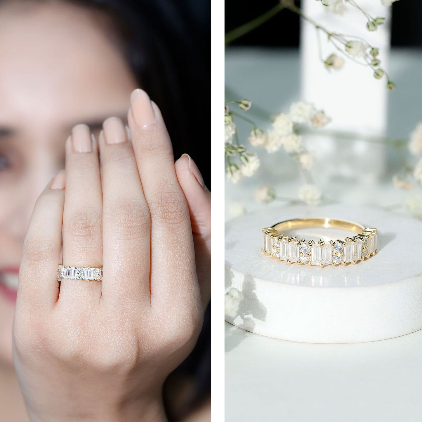Baguette and Round Moissanite Half Eternity Band Ring