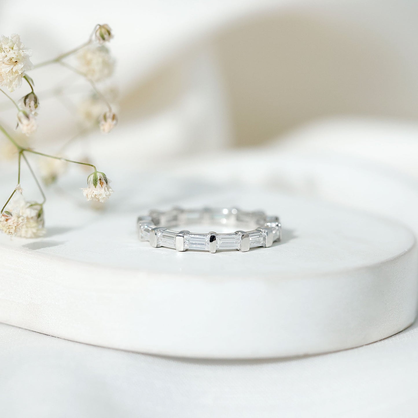 Certified Baguette Cut Moissanite East West Eternity Ring