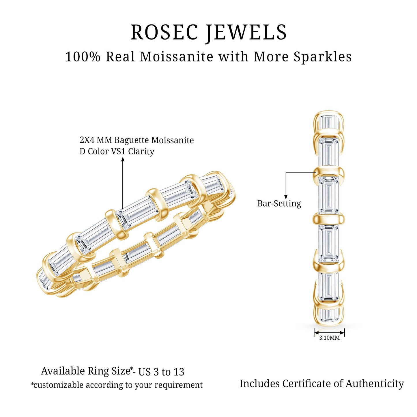 Certified Baguette Cut Moissanite East West Eternity Ring