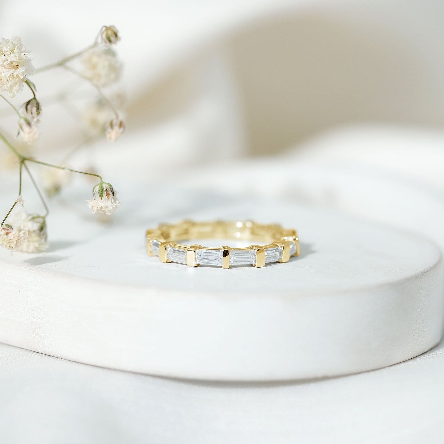 Certified Baguette Cut Moissanite East West Eternity Ring