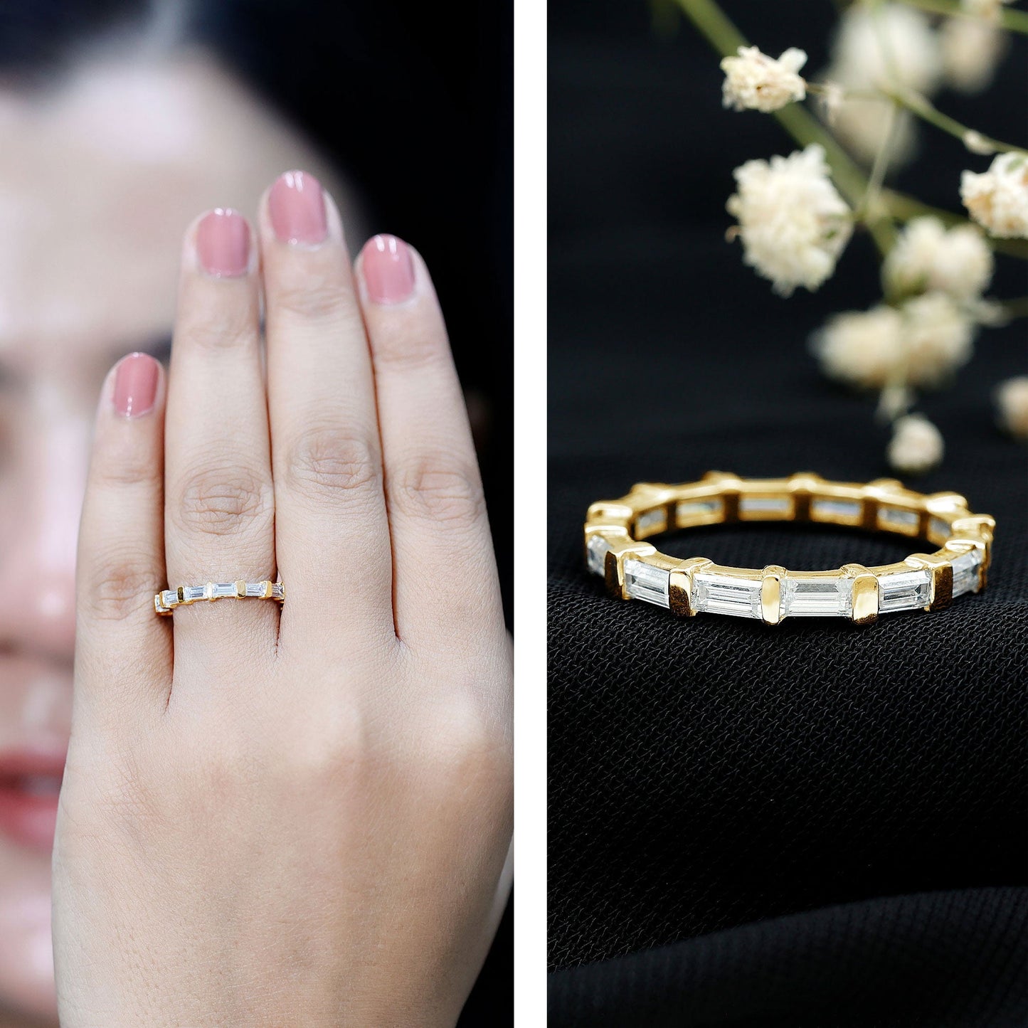 Certified Baguette Cut Moissanite East West Eternity Ring