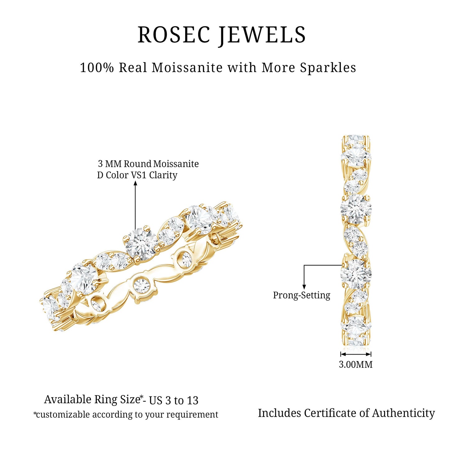 Certified Moissanite Eternity Wedding Band Ring in Prong Setting