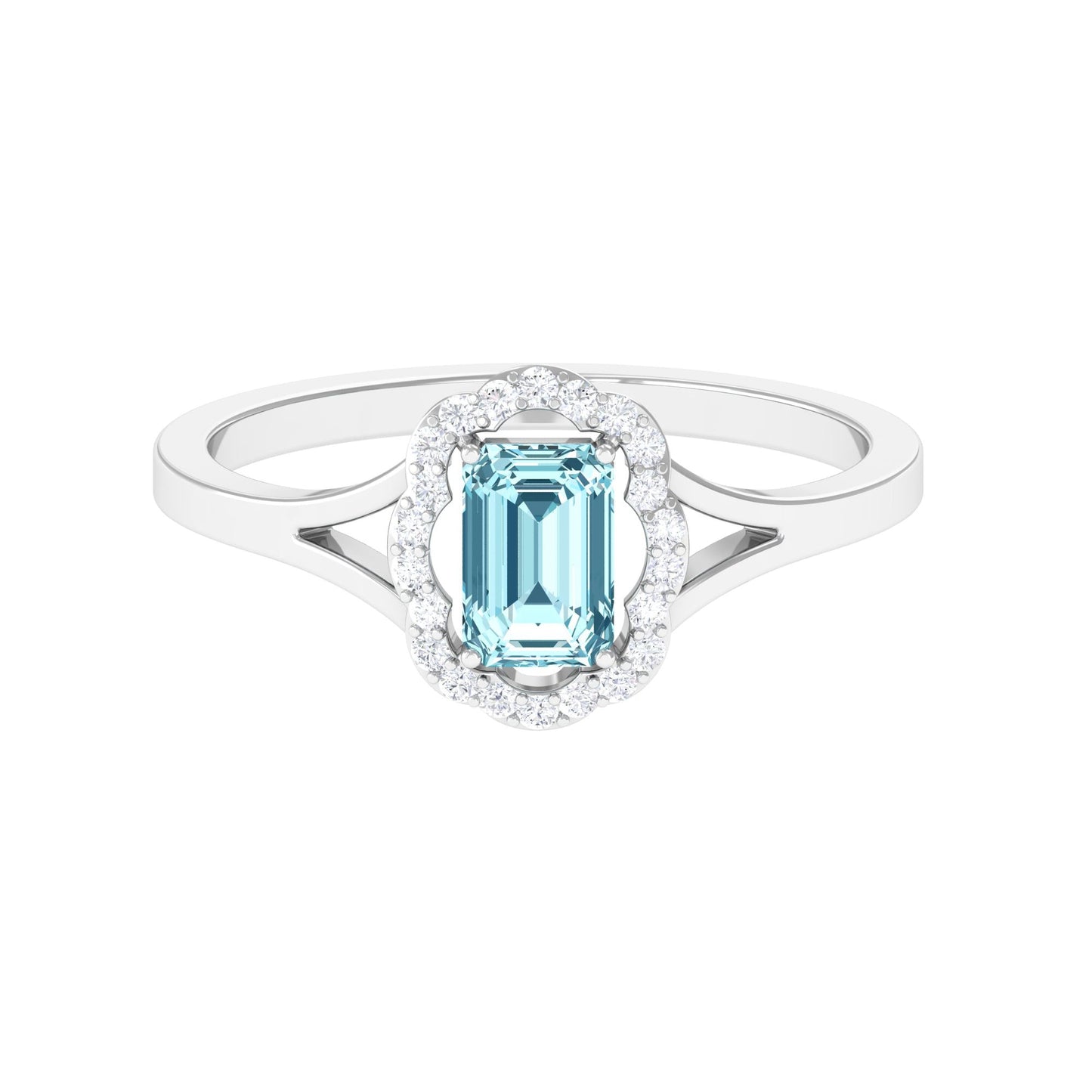 Emerald Cut Aquamarine Engagement Ring with Diamond Floral Halo