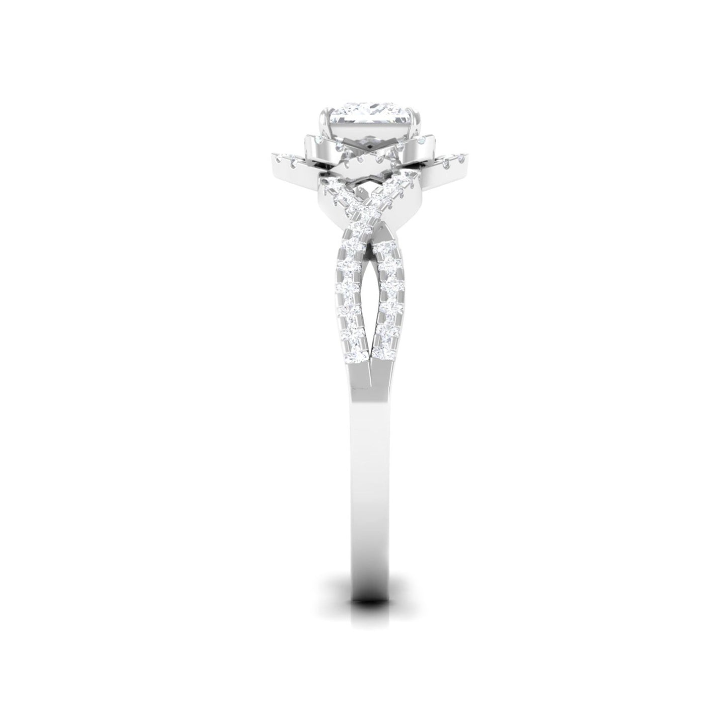 Natural Princess Cut Diamond Flower Engagement Ring with Crossover Shank