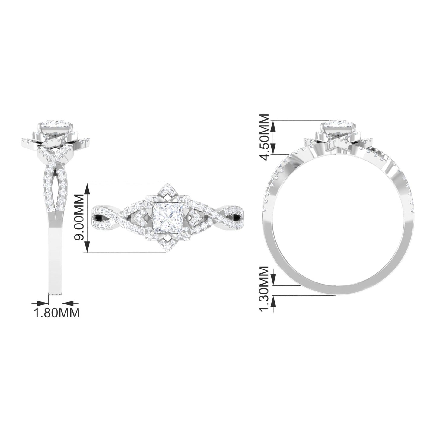 Natural Princess Cut Diamond Flower Engagement Ring with Crossover Shank