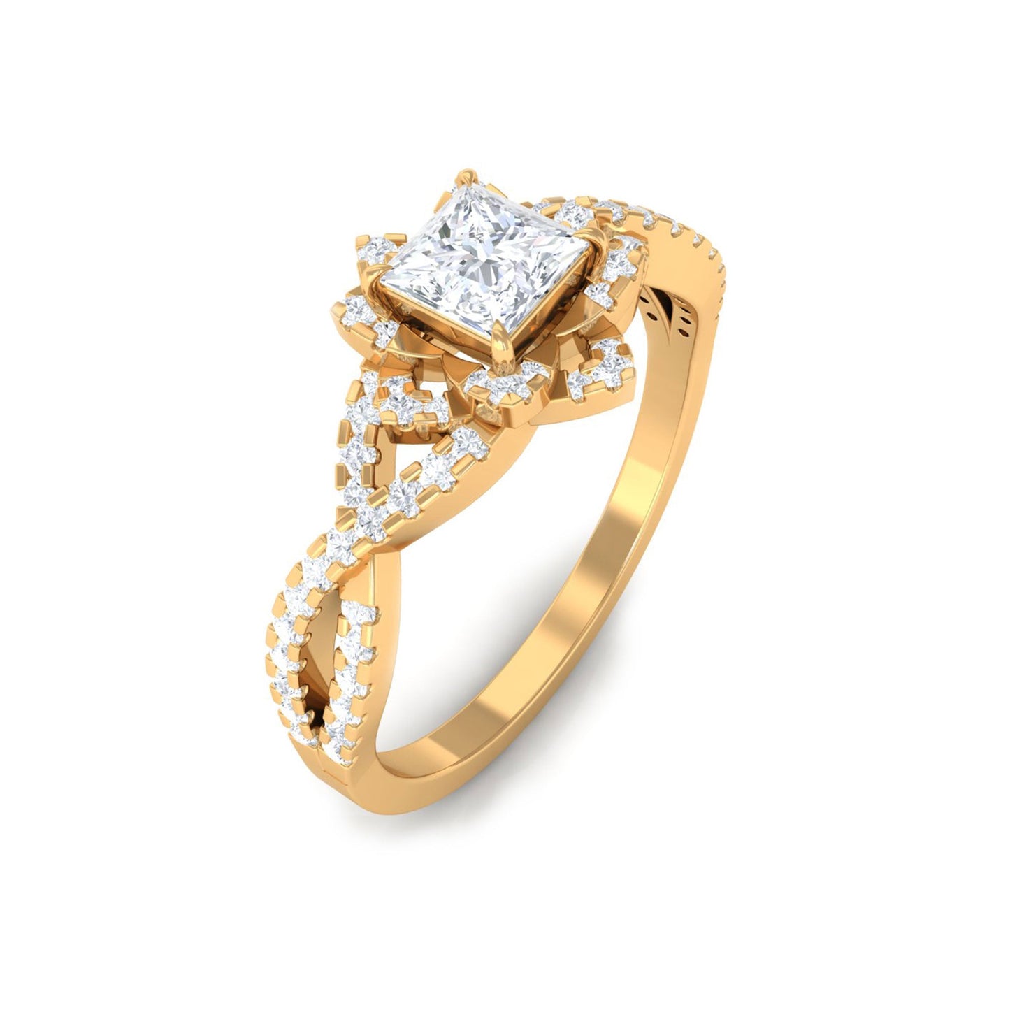 Natural Princess Cut Diamond Flower Engagement Ring with Crossover Shank