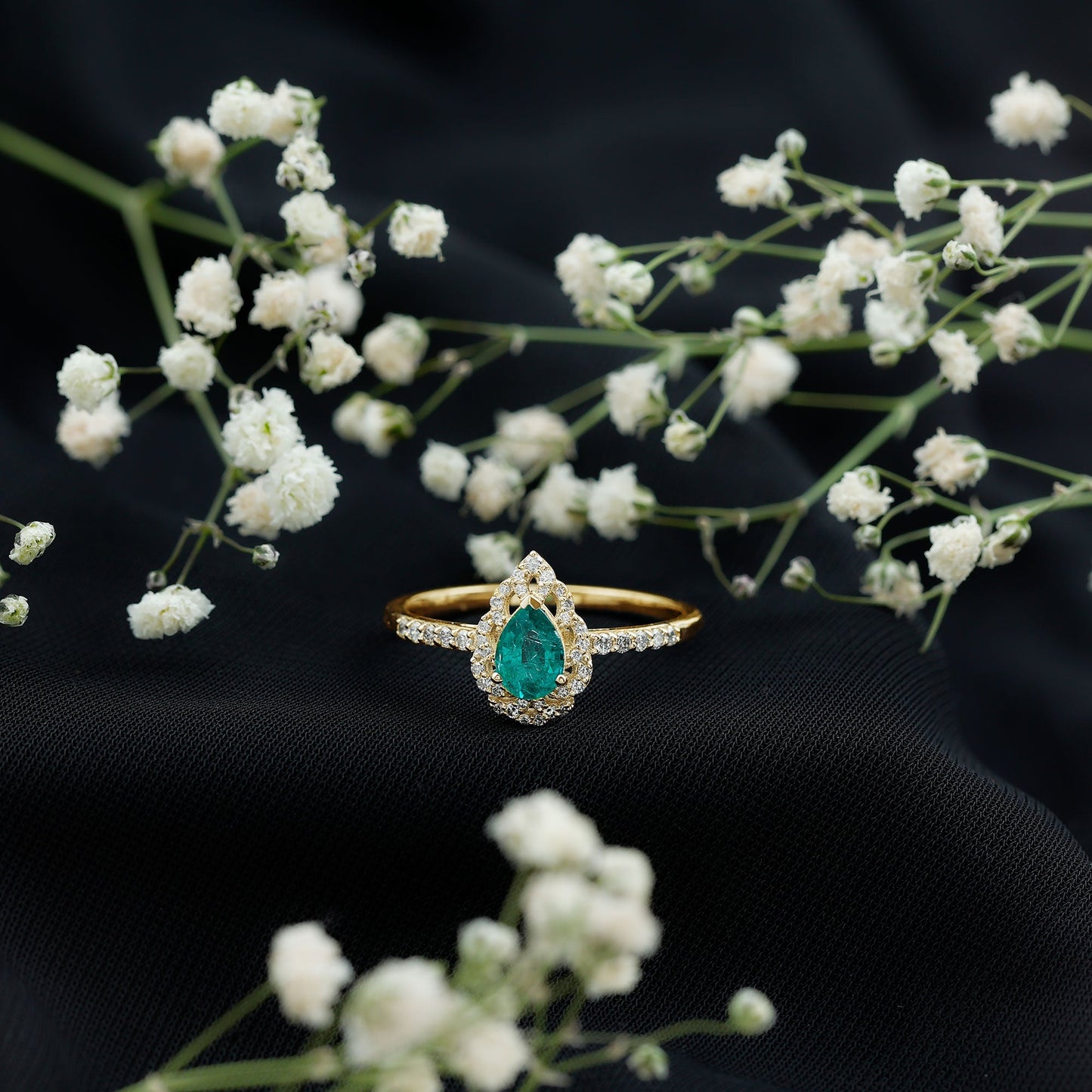 Pear Shaped Emerald Nature Engagement Ring with Diamond