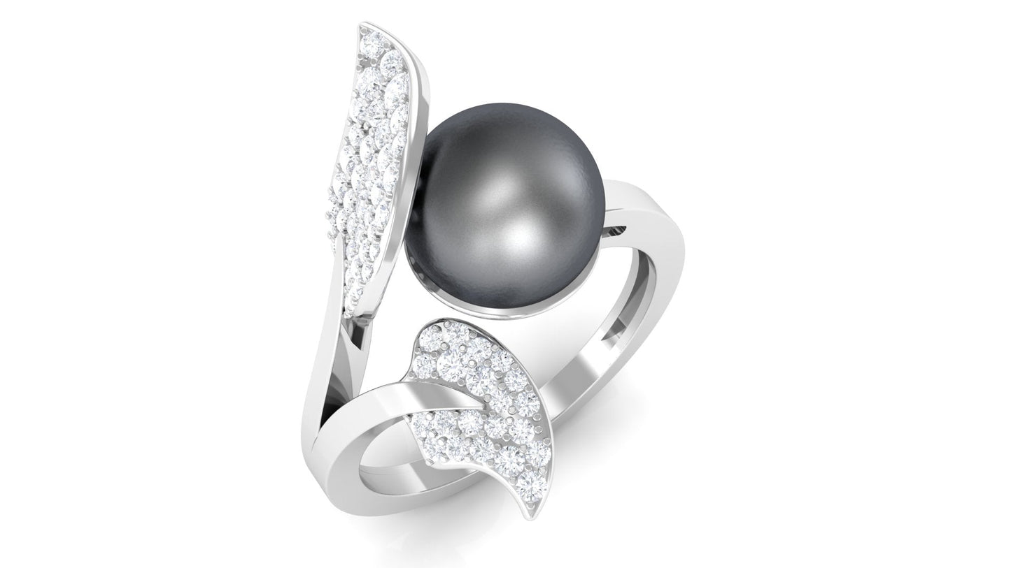 Round Tahitian Pearl and Diamond Leaf Engagement Ring