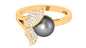 Round Tahitian Pearl and Diamond Leaf Engagement Ring