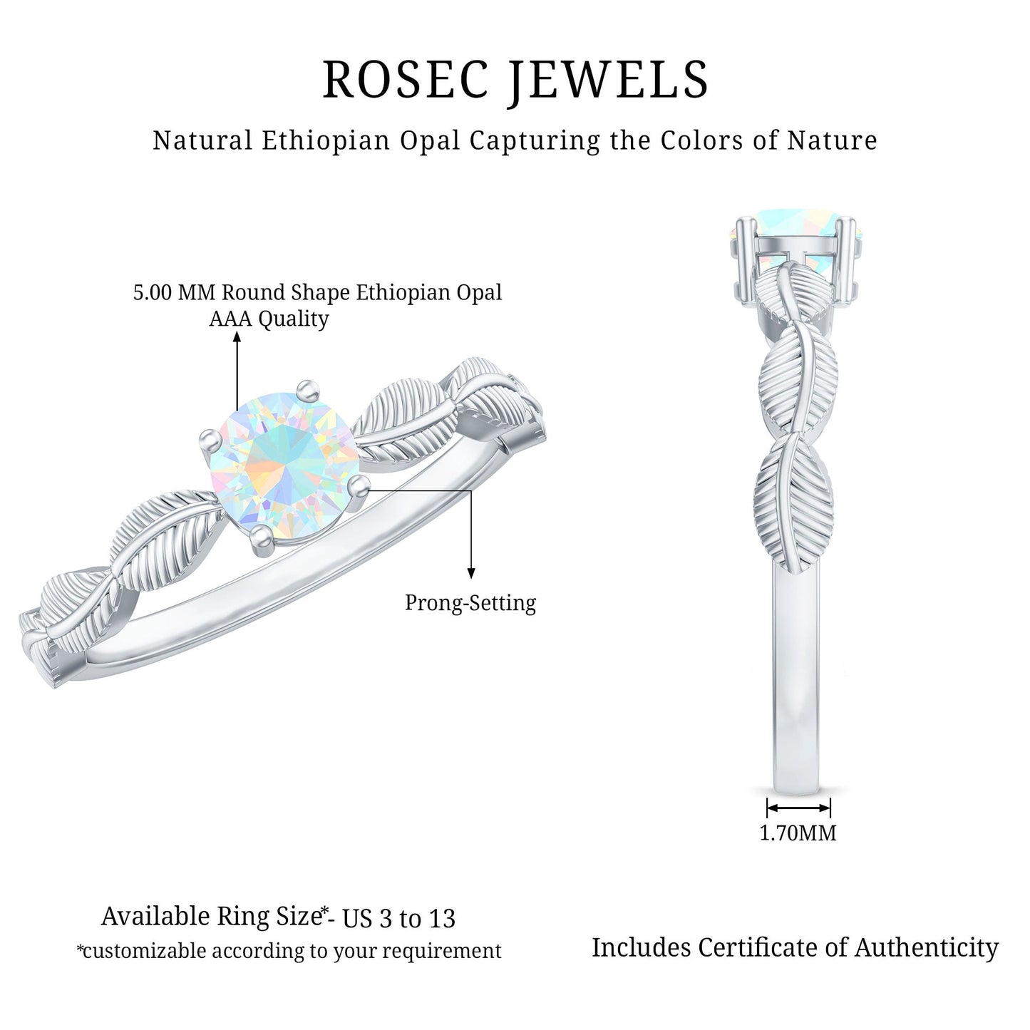 Nature Inspired Solitaire Ethiopian Rainbow Opal Leaf Ring