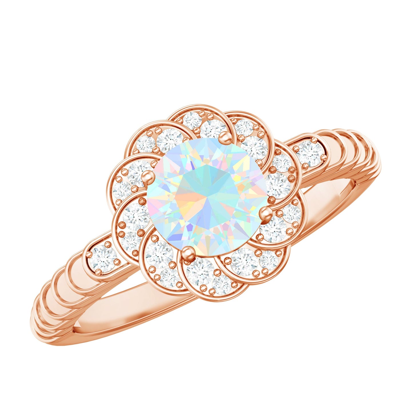 Vintage Looking Ethiopian Opal Flower Engagement Ring with Diamond