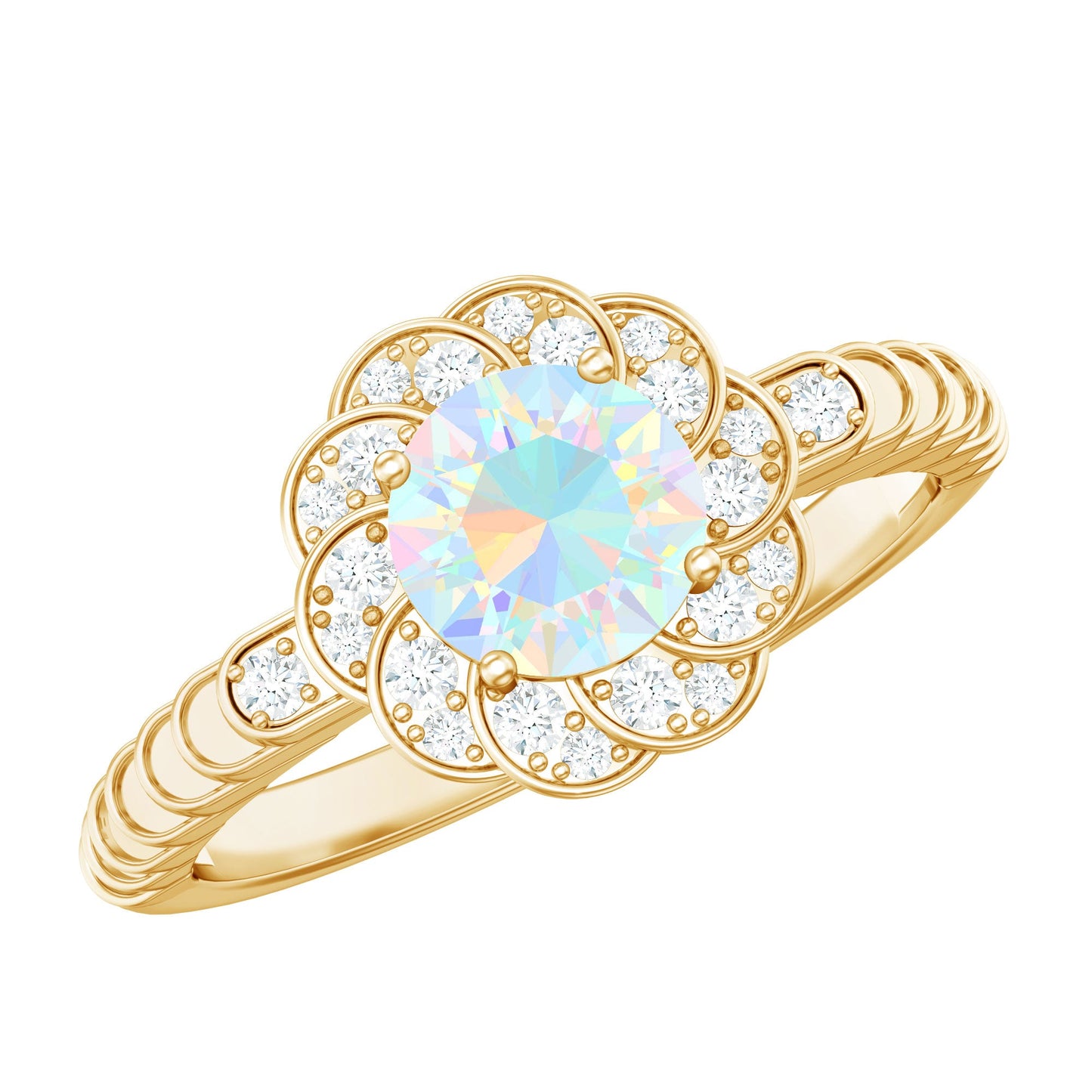 Vintage Looking Ethiopian Opal Flower Engagement Ring with Diamond