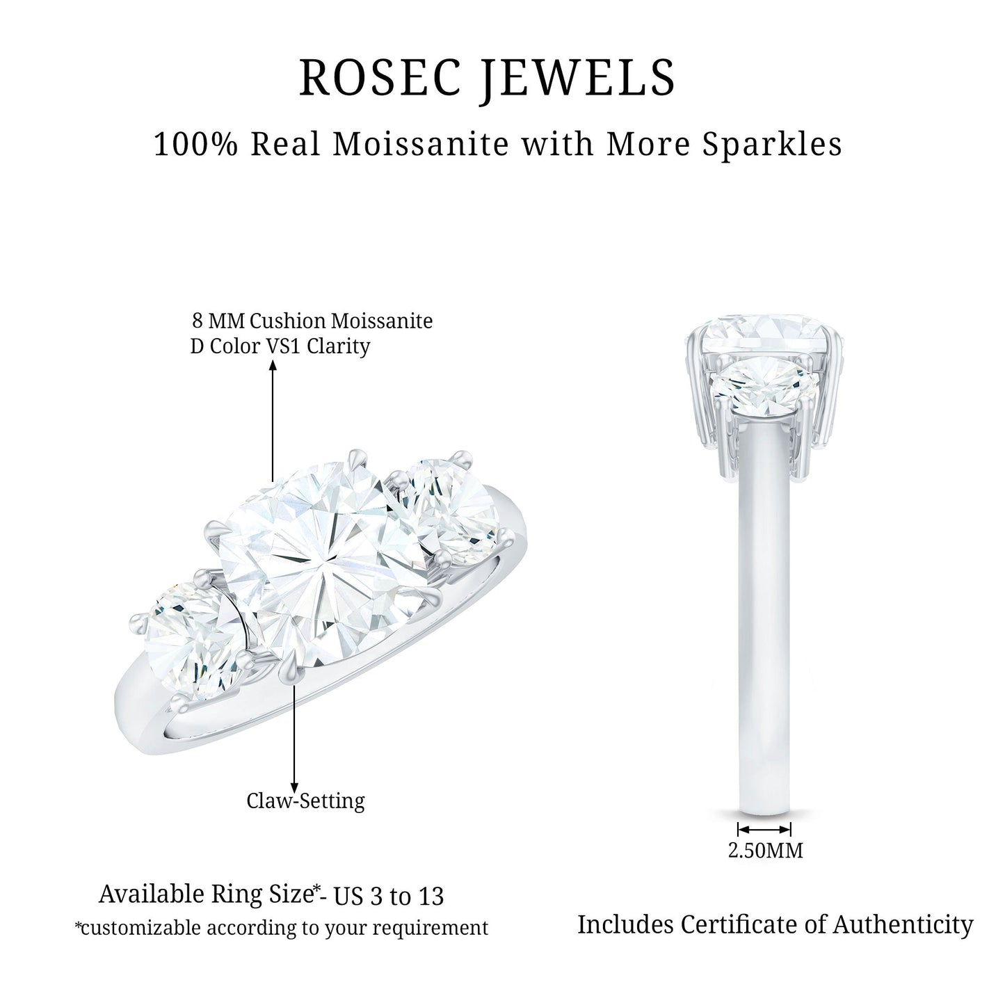Three Stone Moissanite Engagement Ring with Certificate