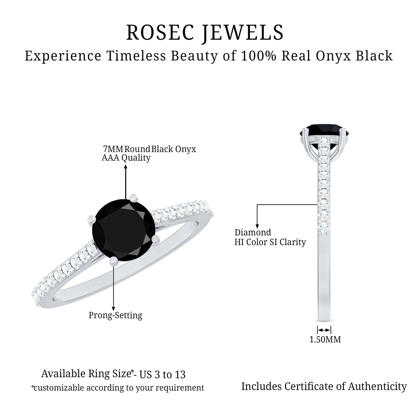 Round Black Onyx Engagement Ring with Diamond Side Stones