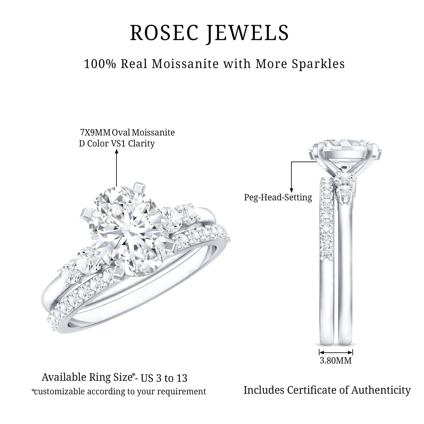 Certified Oval Cut Moissanite Engagement Ring with Wedding Band Set