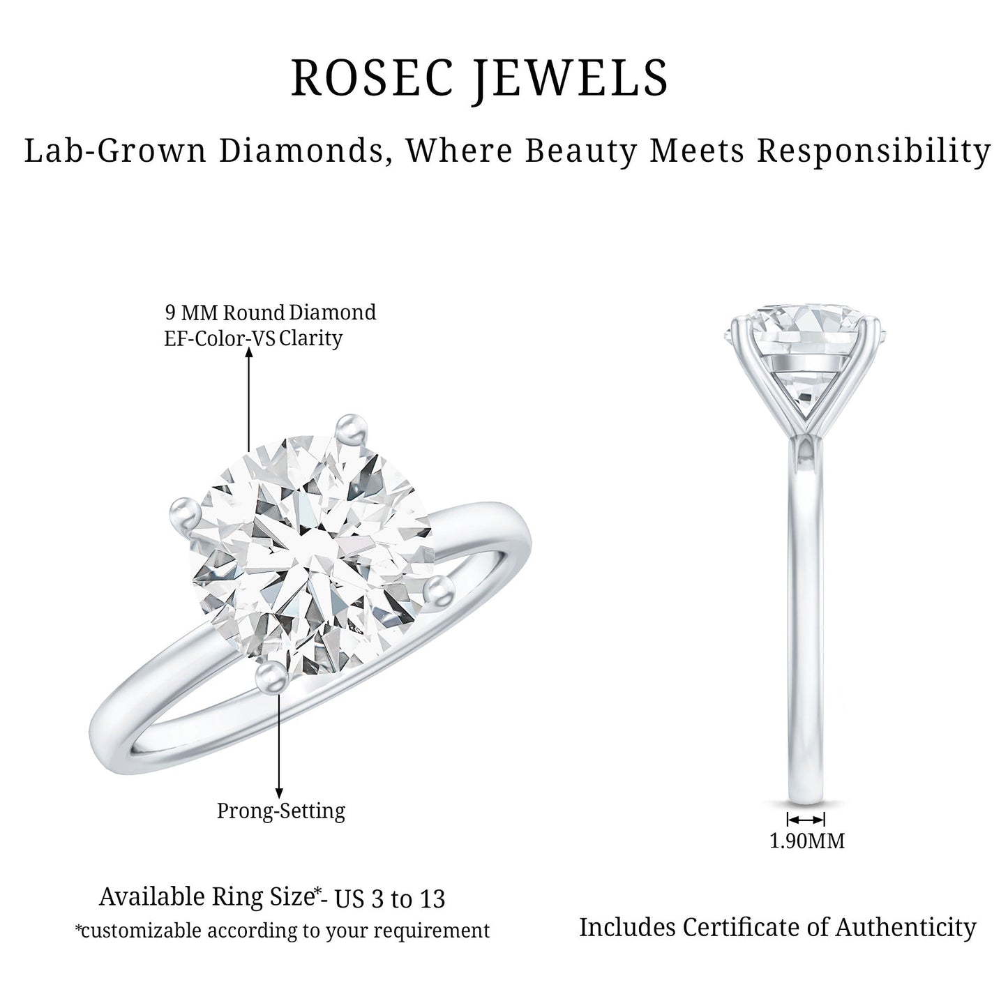 Certified 3 Carat Lab Grown Diamond Solitaire Engagement Ring