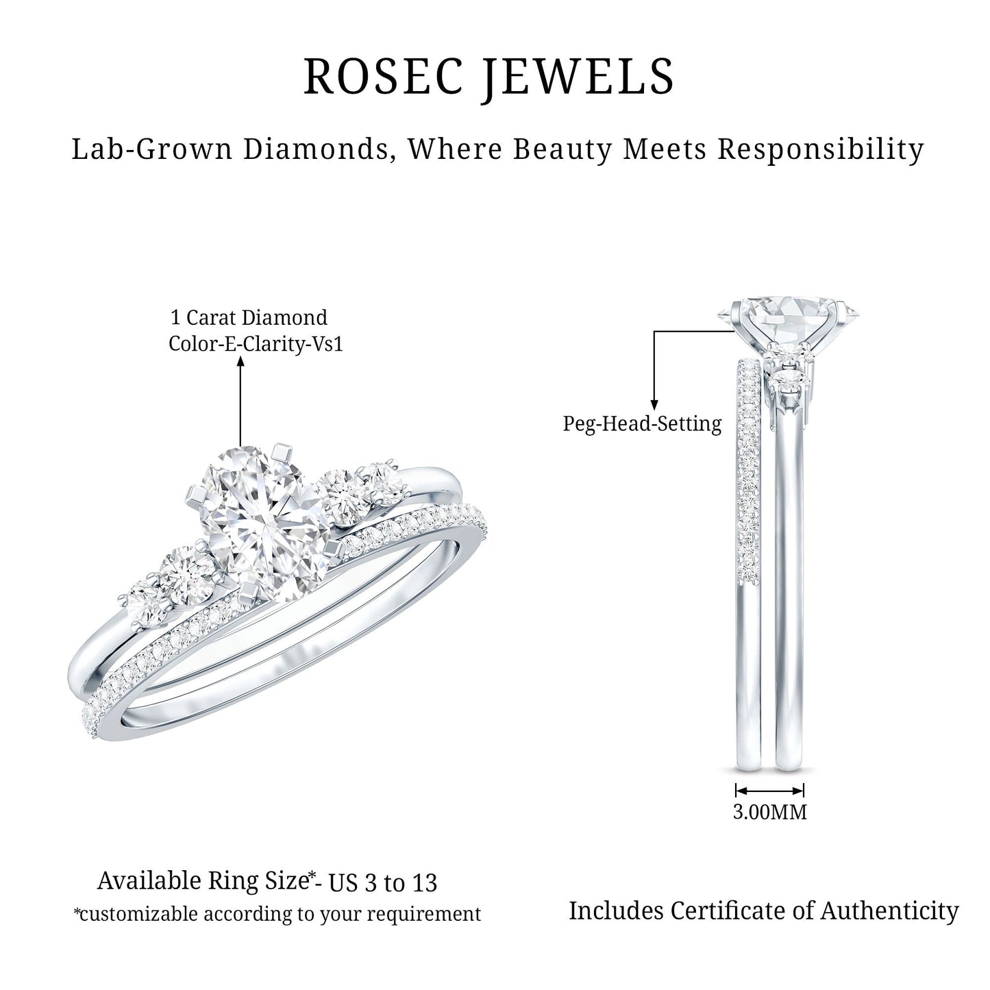 IGI Certified 1 Carat Lab Grown Diamond Engagement Ring with Wedding Band