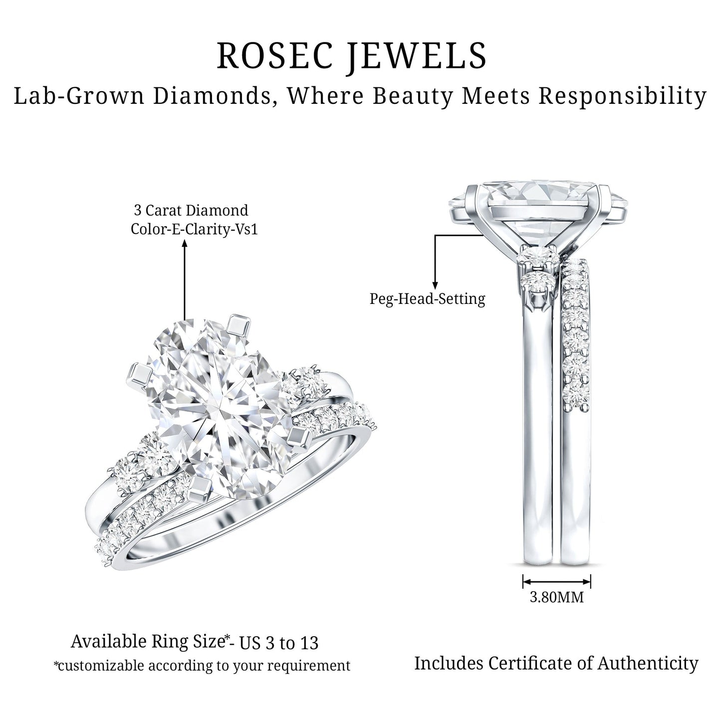 IGI Certified 3 Carat Oval Lab Grown Diamond Marriage Ring Set for Women