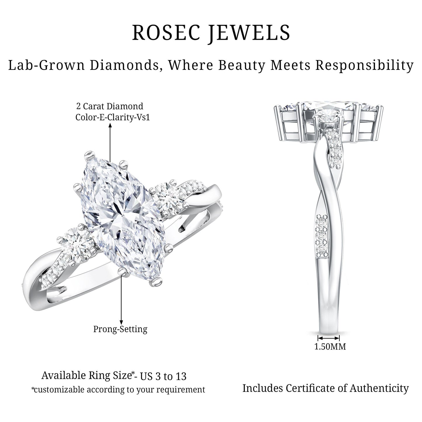 2 Carat Marquise Cut Lab Grown Diamond Crossover Engagement Ring with IGI Certificate
