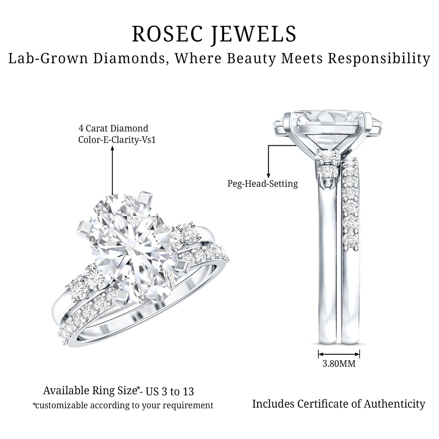 4 Carat Oval Wedding Ring Set with IGI Certified Lab Grown Diamond