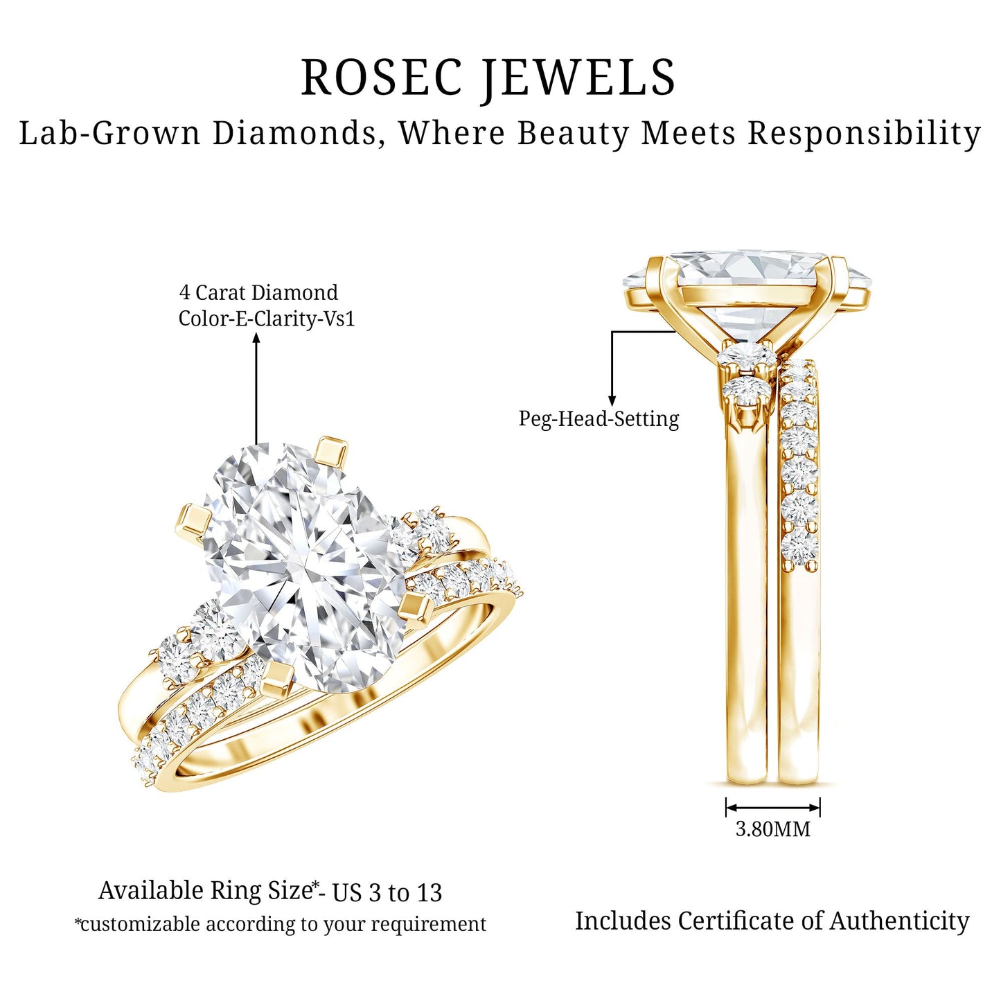 4 Carat Oval Wedding Ring Set with IGI Certified Lab Grown Diamond