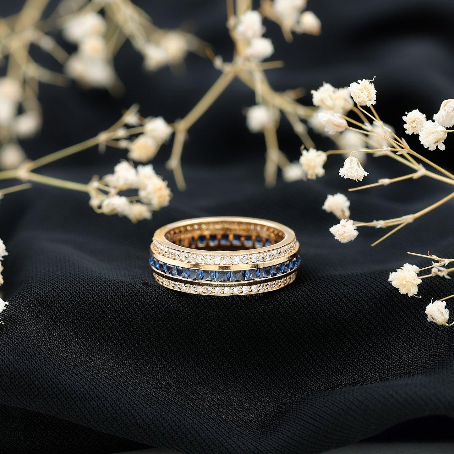 Certified Lab Grown Blue Sapphire 3 Row Wedding Band