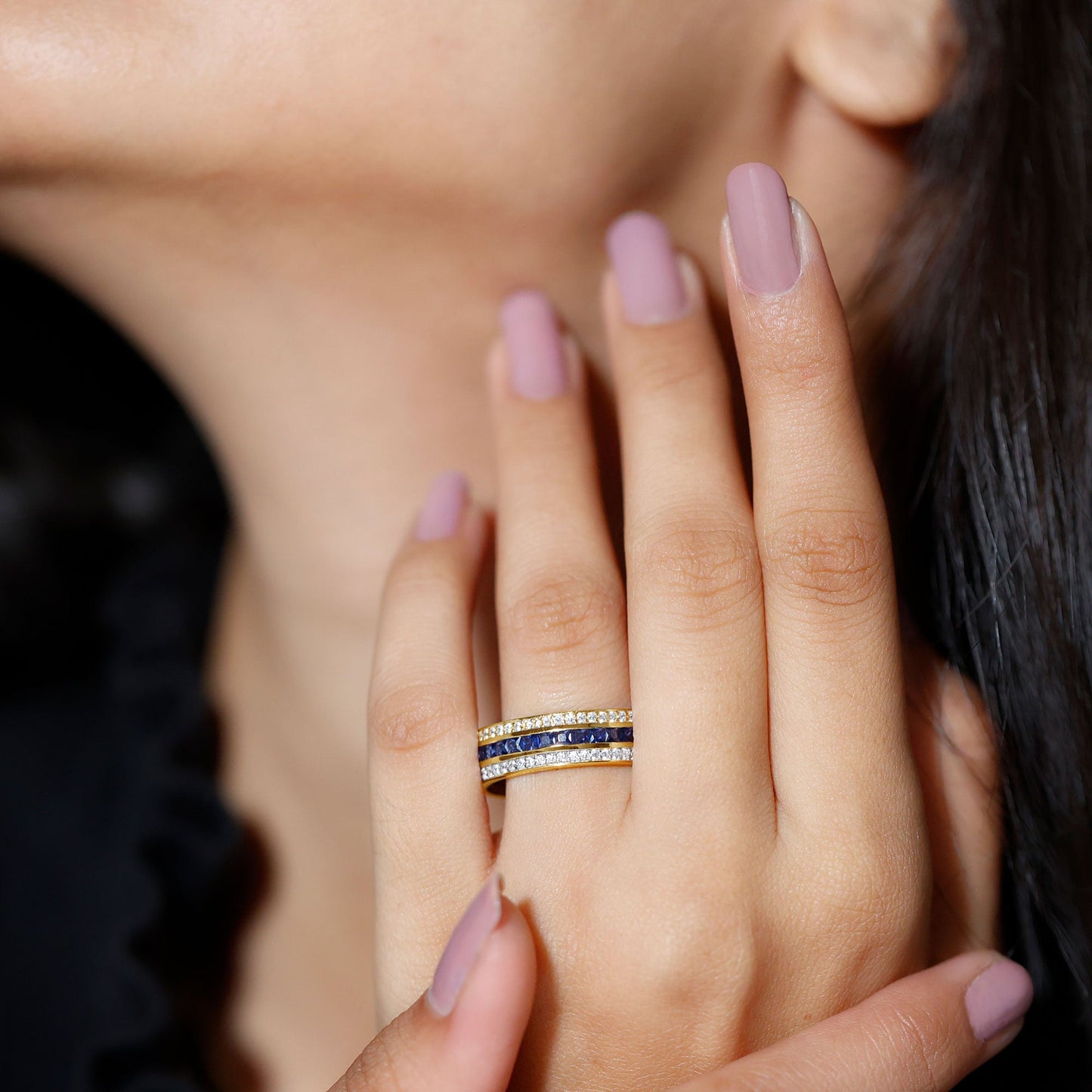 Certified Lab Grown Blue Sapphire 3 Row Wedding Band