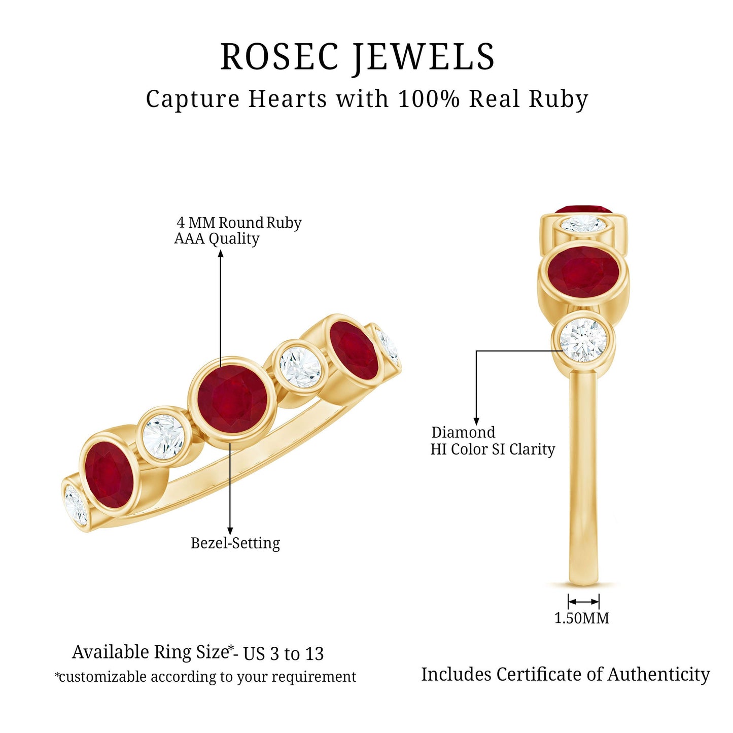 Natural Bezel Set Ruby Diamond Half Eternity Ring