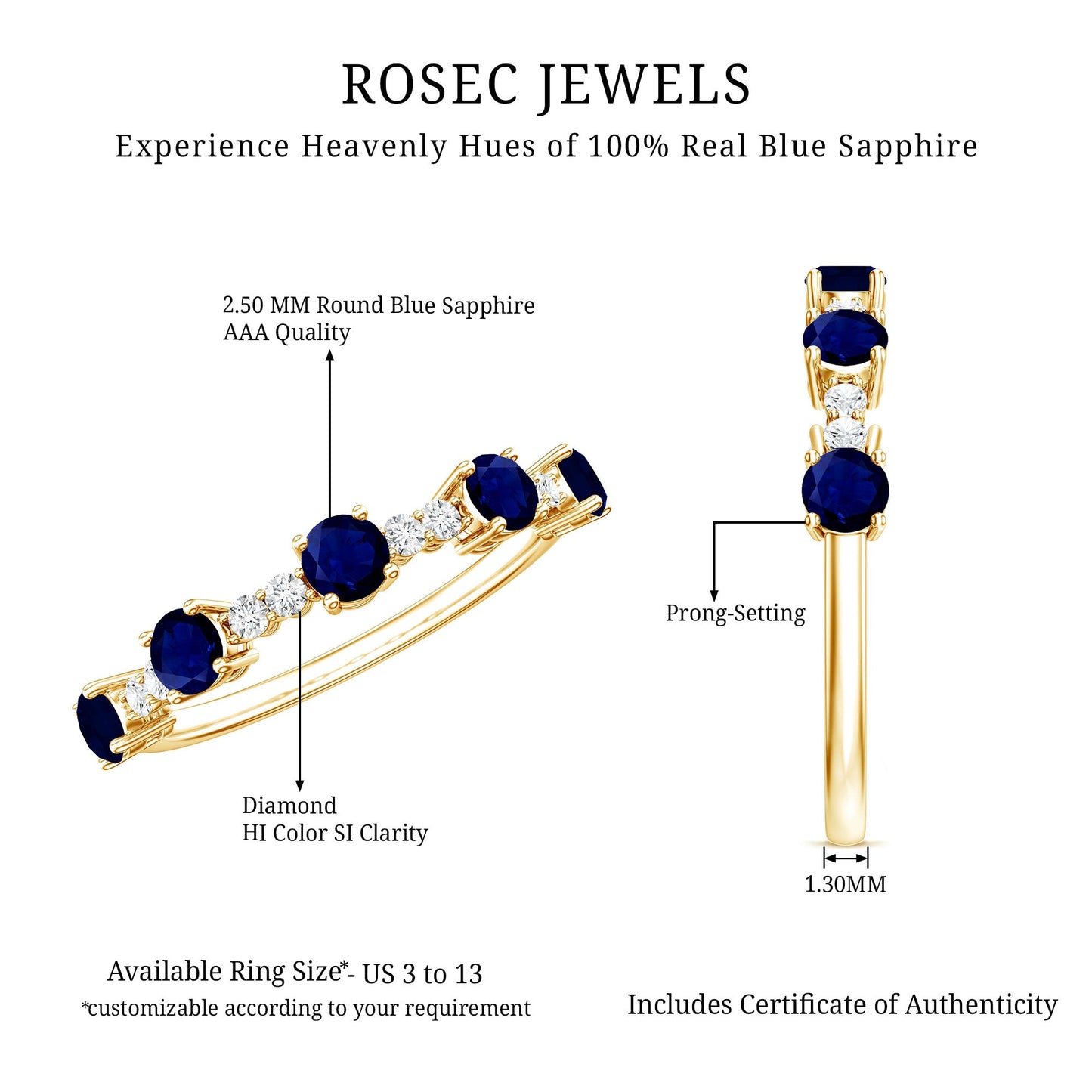 Round Blue Sapphire and Diamond Half Eternity Ring