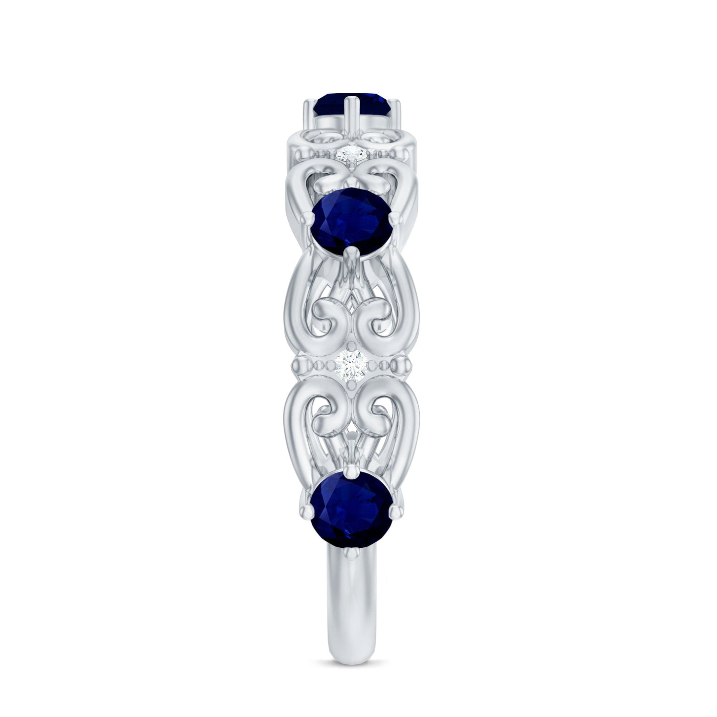 Blue Sapphire and Diamond Vintage Half Eternity Wedding Band