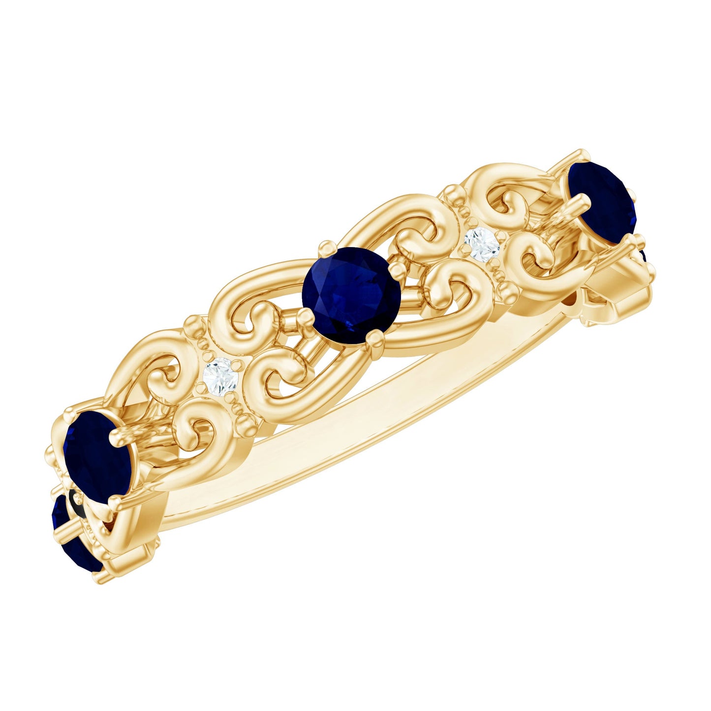 Blue Sapphire and Diamond Vintage Half Eternity Wedding Band