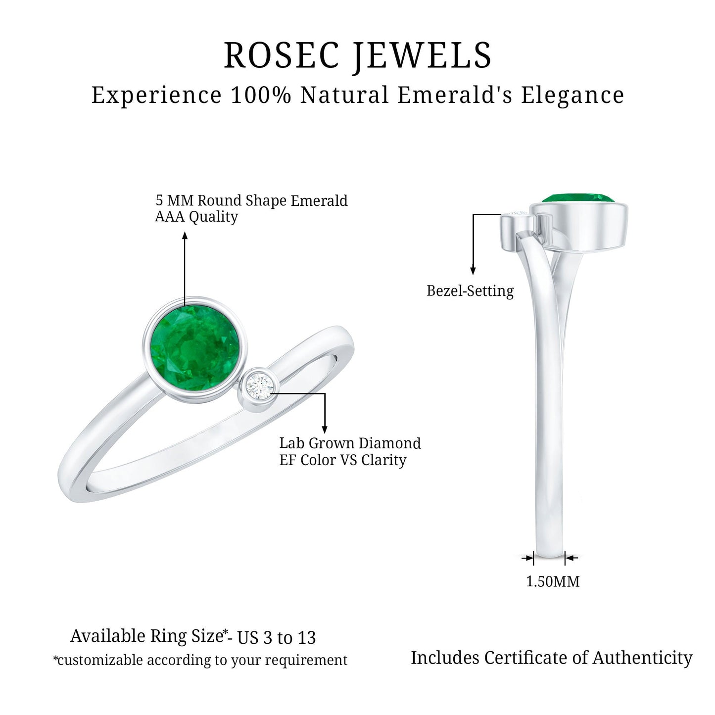 Bezel Set Emerald and Lab Diamond Two Stone Promise Ring