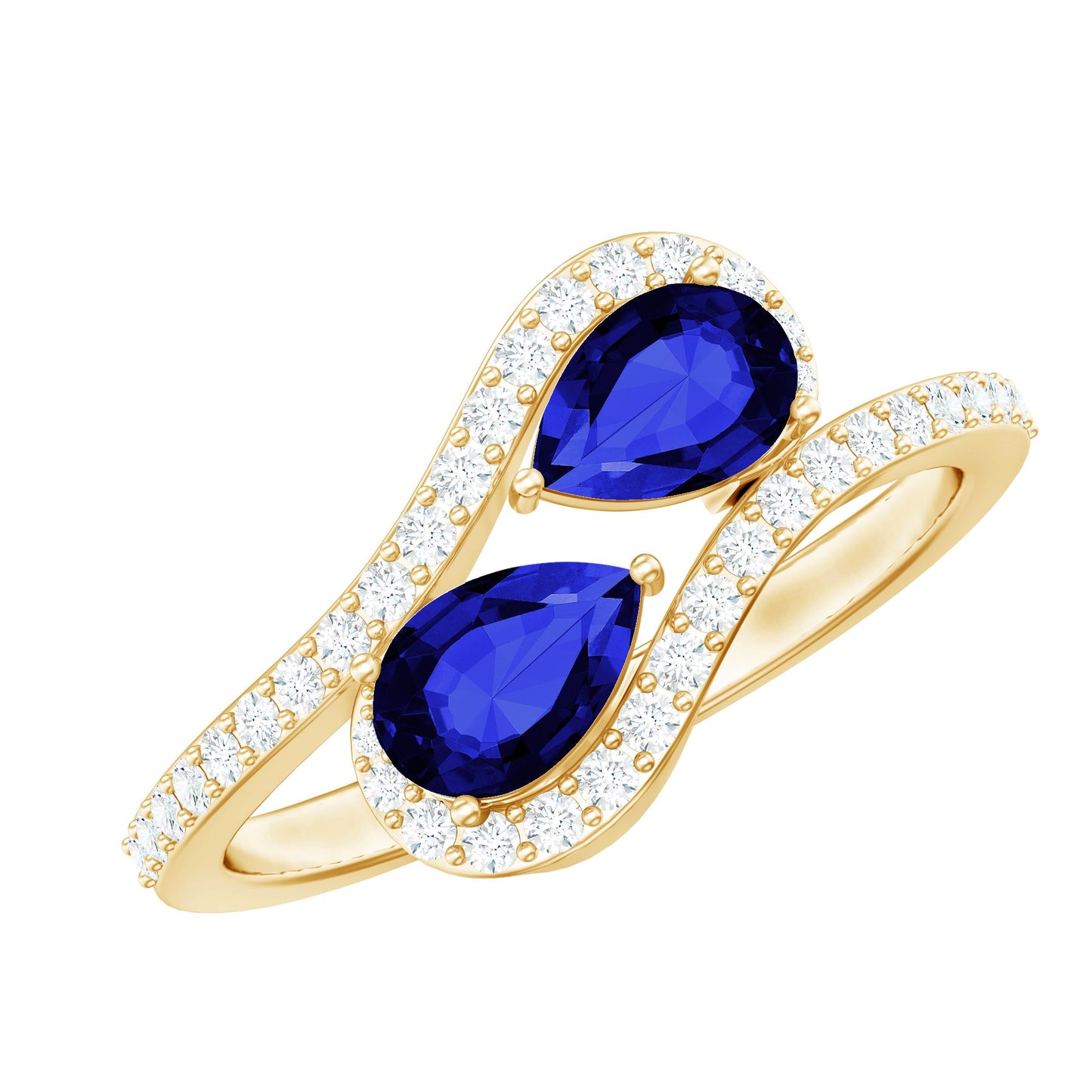 Natural Pear Shape Blue Sapphire 2 Stone Engagement Ring with Diamond