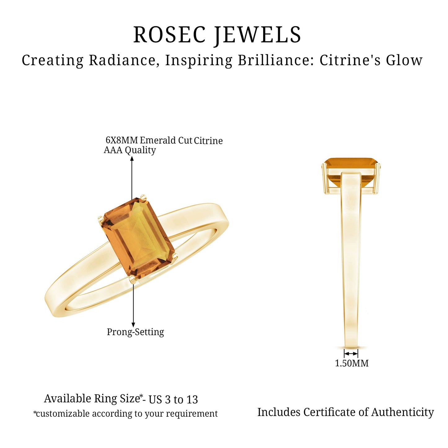 1.8 Carat Natural Citrine Solitaire Emerald Cut Engagement Ring