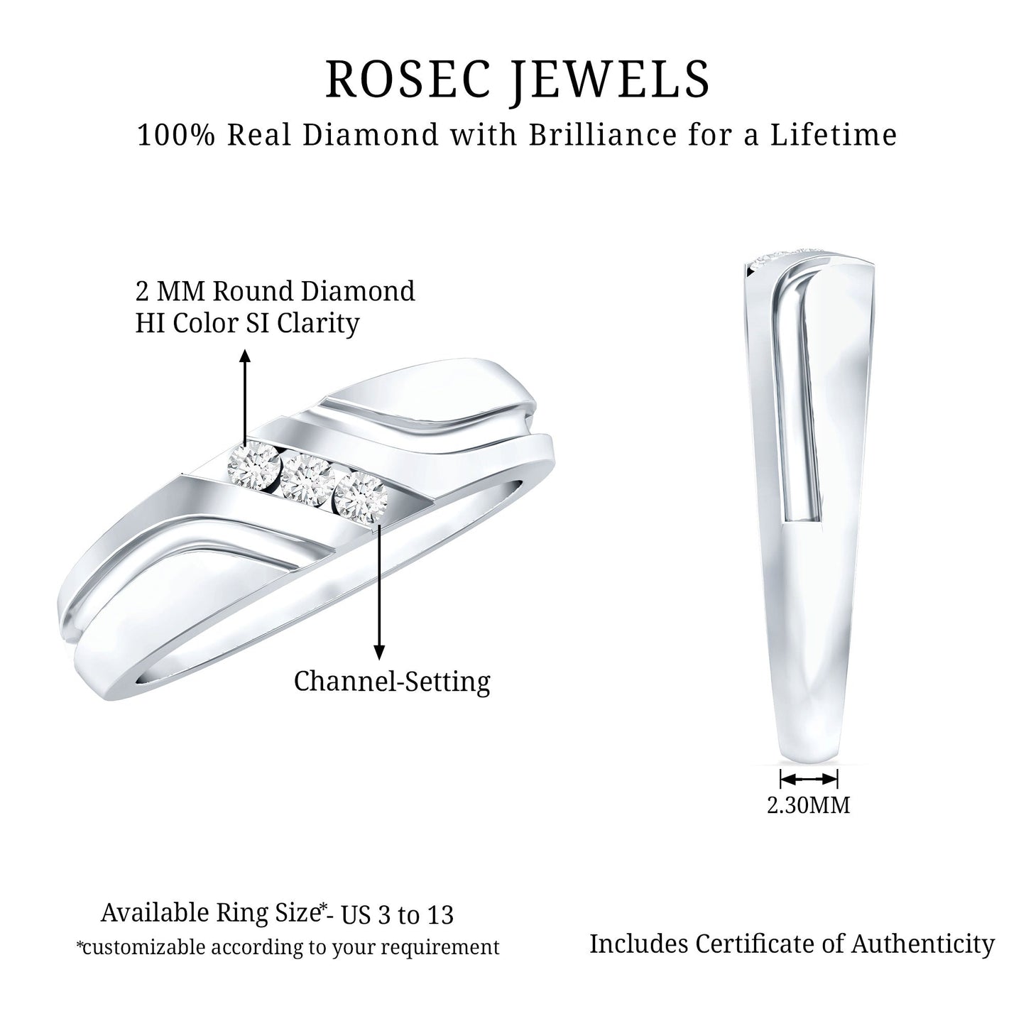 Certified Diamond Three Stone Band Ring for Men