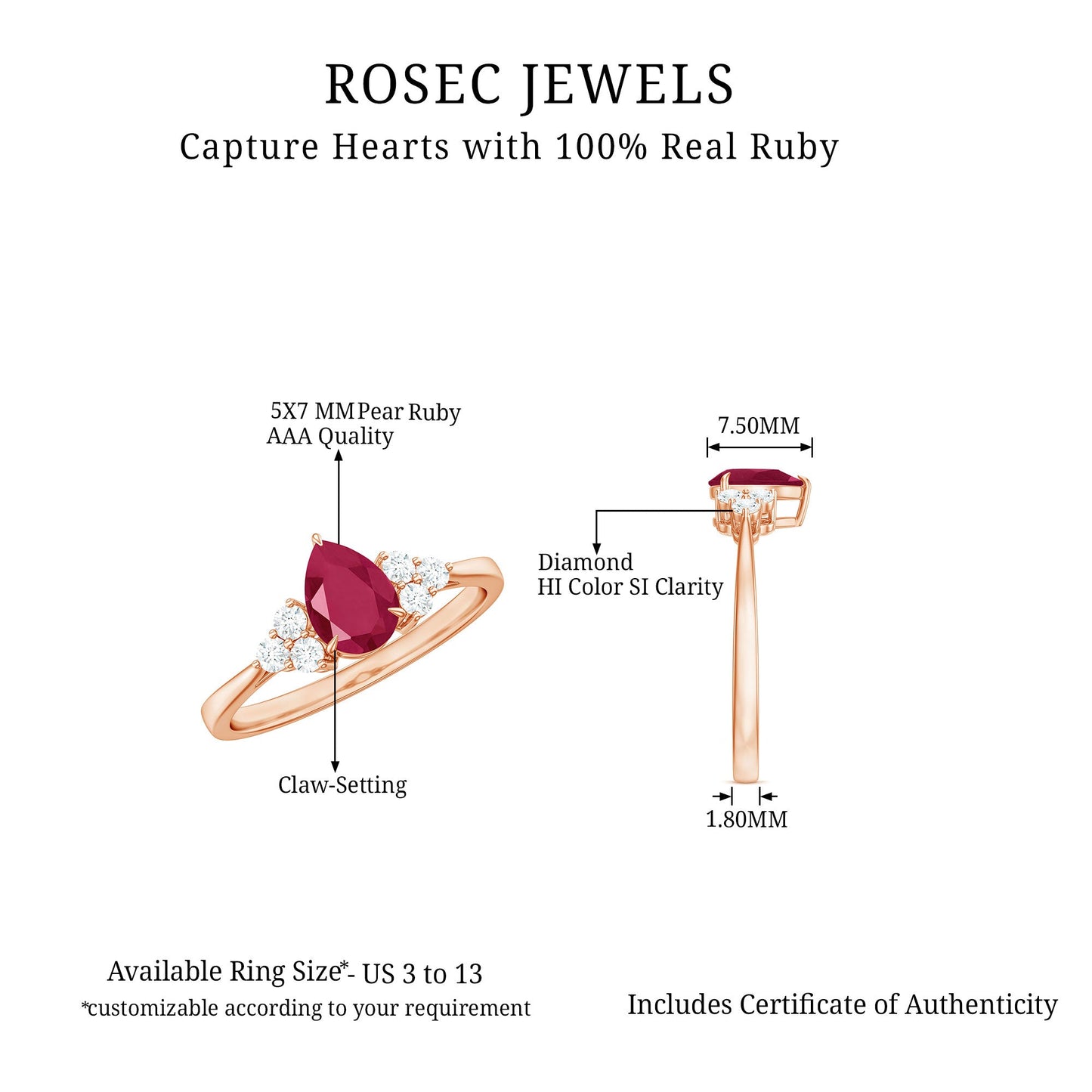 Natural 0.8 Carat Ruby Pear Shaped Engagement Ring with Diamond