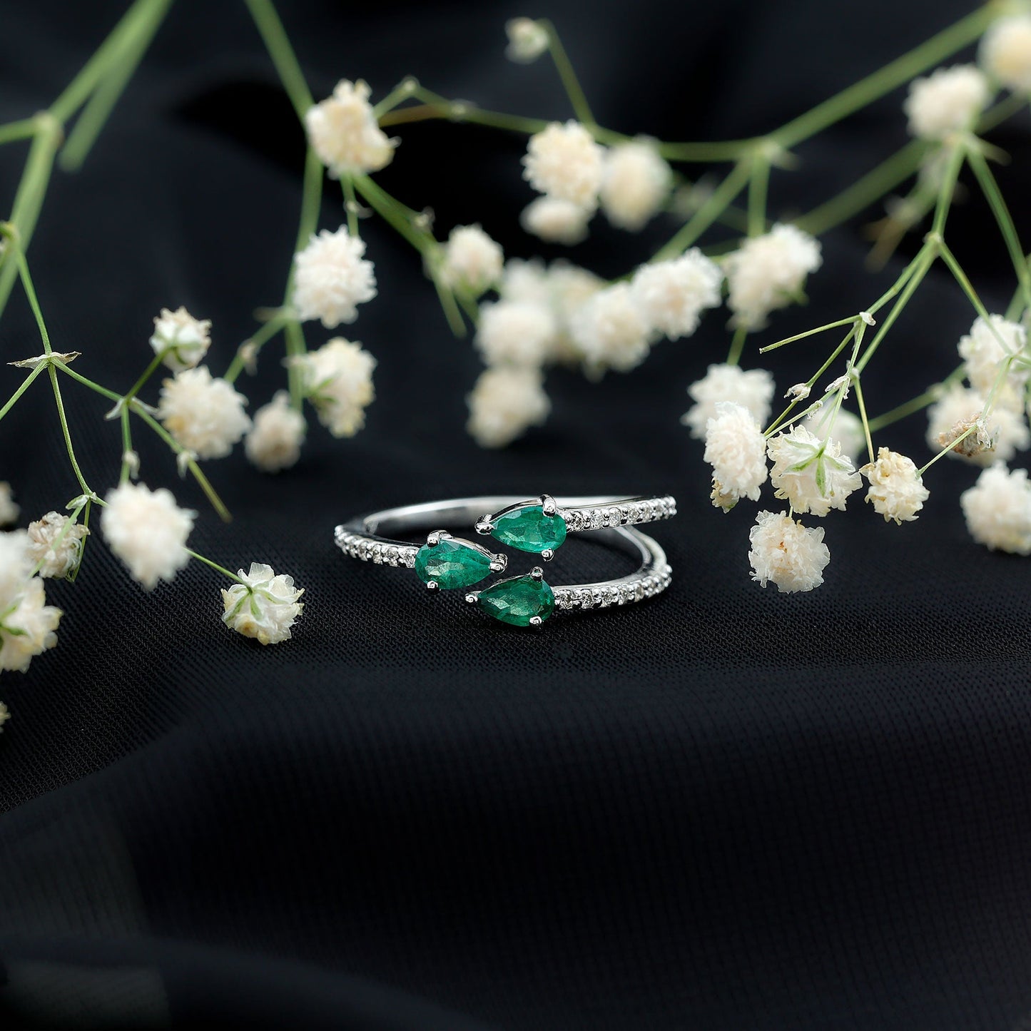 Pear Shaped Emerald and Diamond 3 Stone Statement Ring