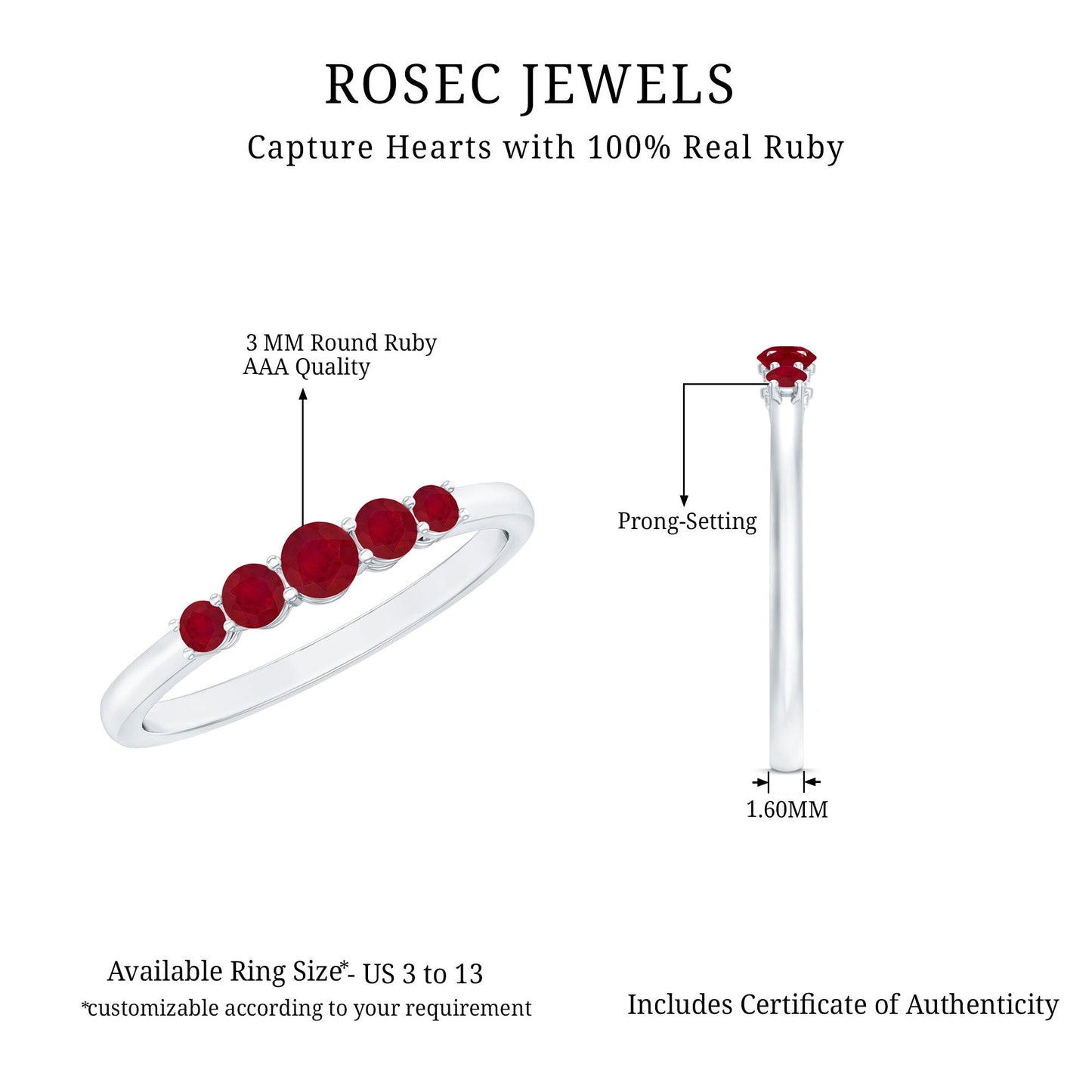 Natural July Birthstone Ruby 5 Stone Ring for Promise