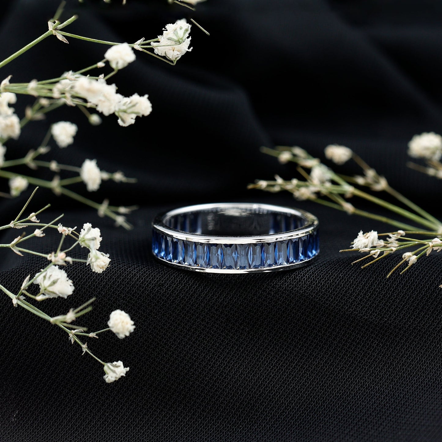 Baguette Shape Lab Created Blue Sapphire Channel Set Eternity Band