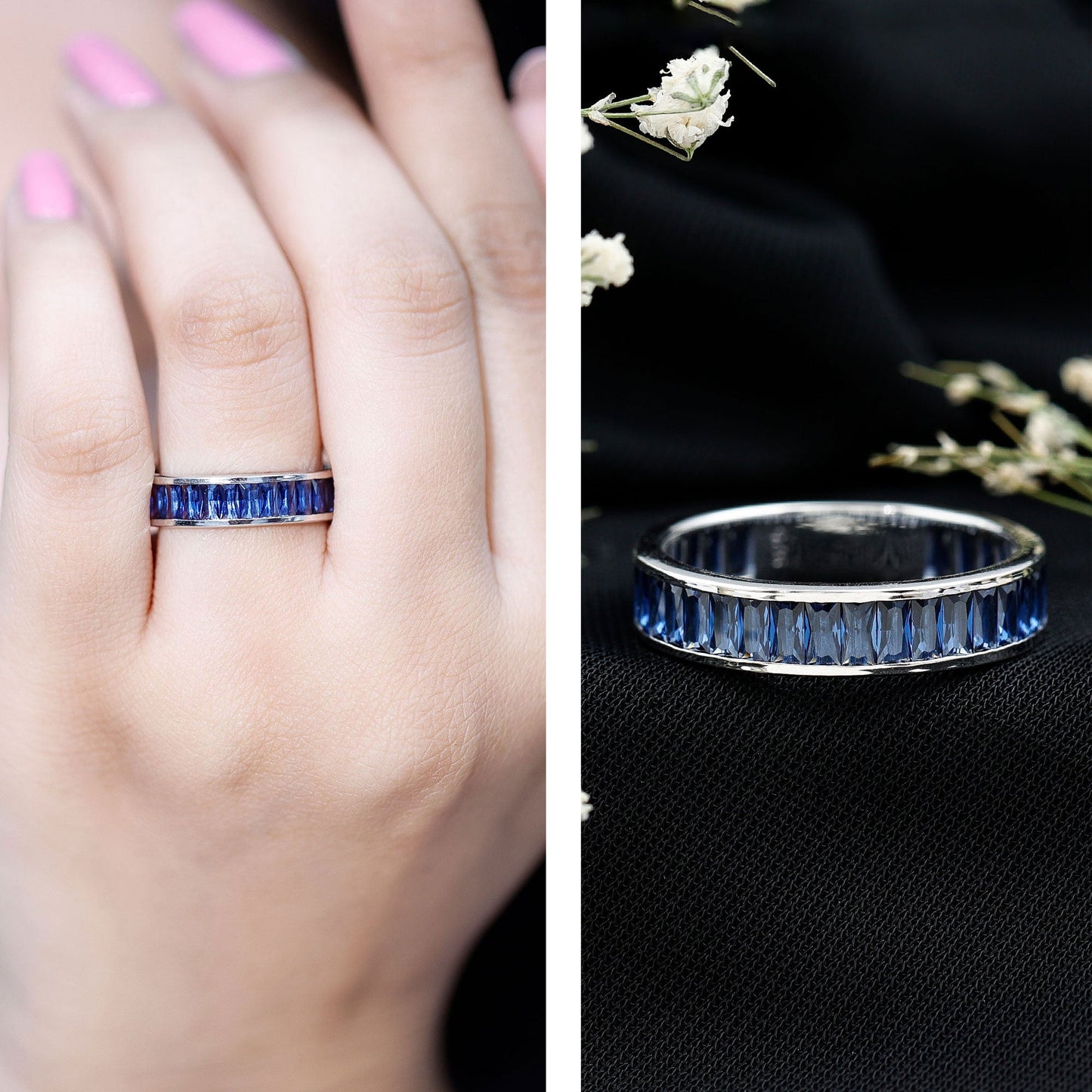 Baguette Shape Lab Created Blue Sapphire Channel Set Eternity Band