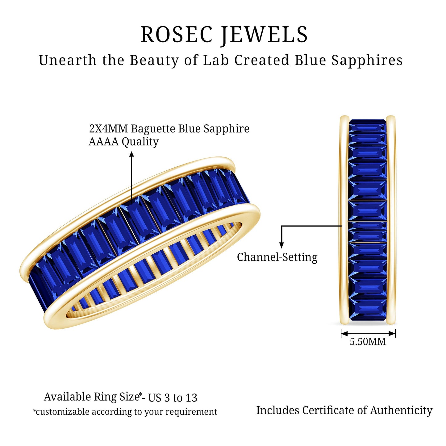 Baguette Shape Lab Created Blue Sapphire Channel Set Eternity Band