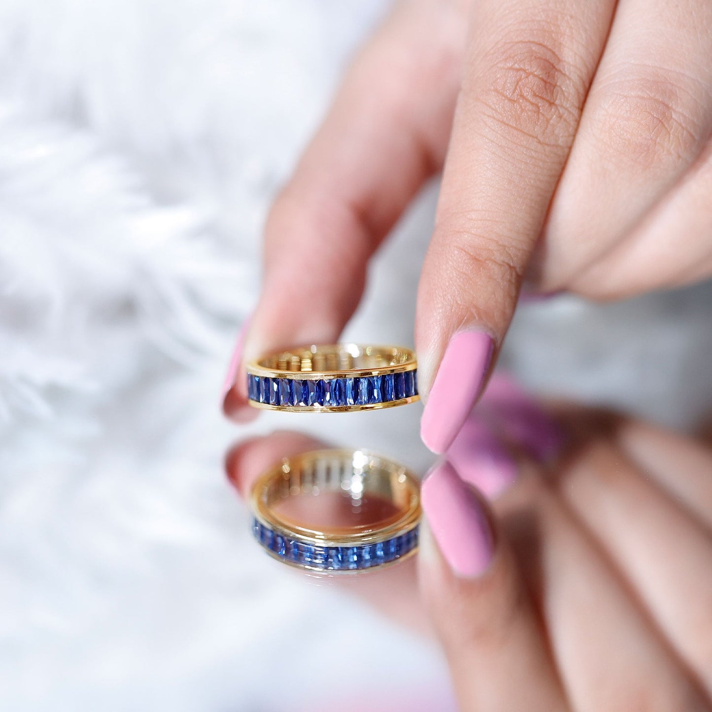 Baguette Shape Lab Created Blue Sapphire Channel Set Eternity Band