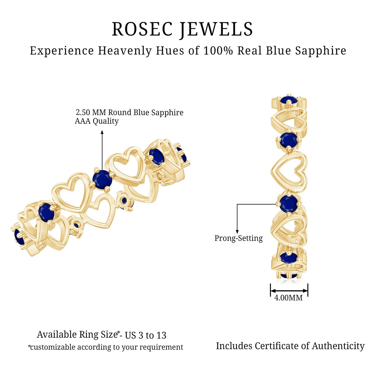 Blue Sapphire Open Heart Wedding Band Ring
